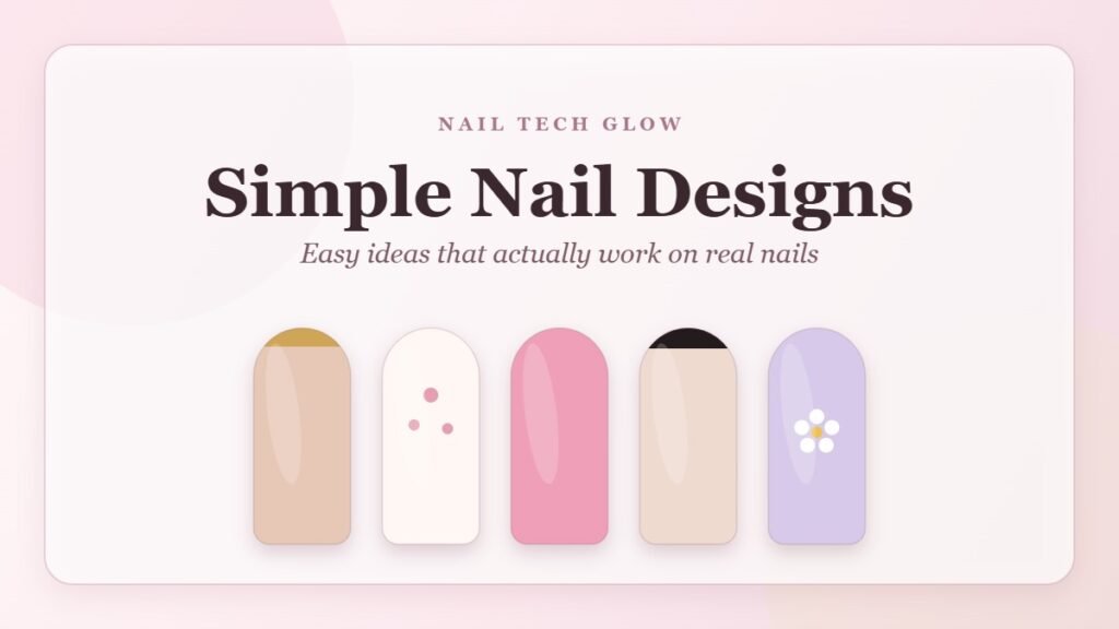 Five nails showing simple nail designs: a gold micro French tip, pink dots, solid pink, a black tip and a small white flower