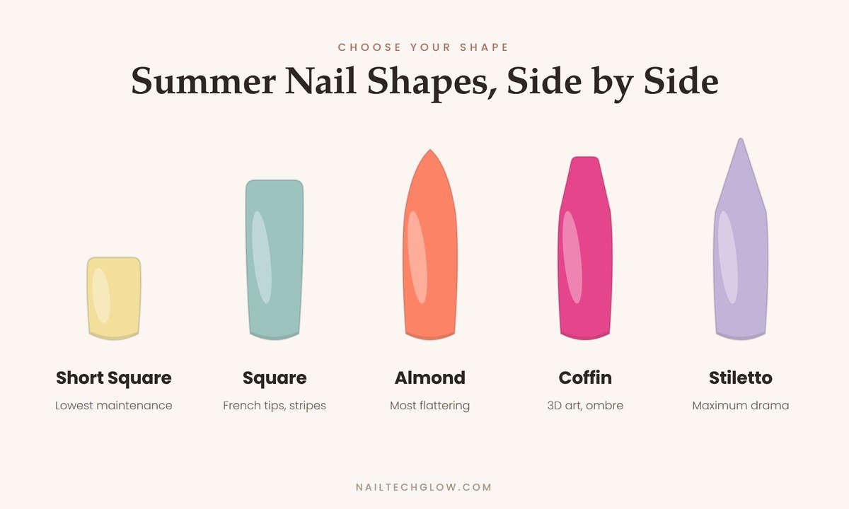 Summer Nails: The 2026 Colors, Designs and Ideas Worth Asking For 3 Summer nail shapes compared side by side: short square, square, almond, coffin and stiletto