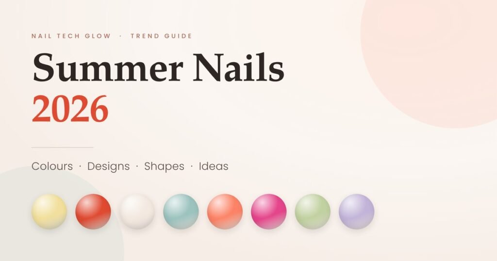 Summer nails 2026 trend guide with butter yellow, tomato red, milky white, sea glass blue, coral, hot pink, pistachio and lavender nail polish colours